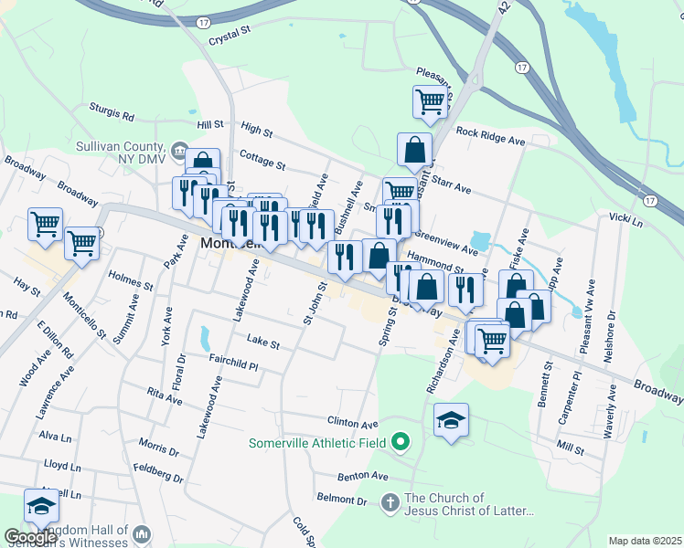 map of restaurants, bars, coffee shops, grocery stores, and more near 408 Broadway in Monticello