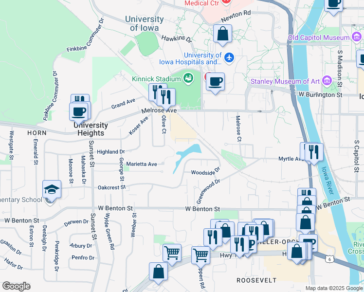 map of restaurants, bars, coffee shops, grocery stores, and more near 101 Woodside Drive in Iowa City