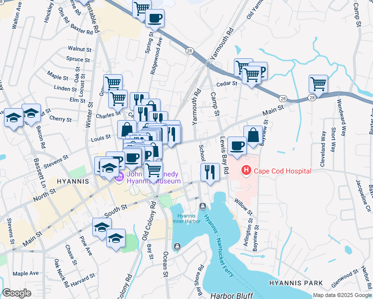 map of restaurants, bars, coffee shops, grocery stores, and more near 201 Main Street in Barnstable