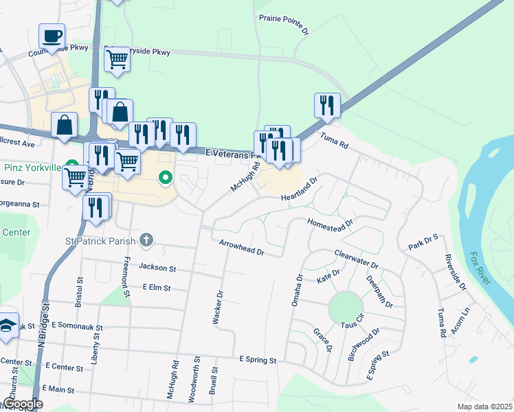 map of restaurants, bars, coffee shops, grocery stores, and more near 683 Heartland Drive in Yorkville