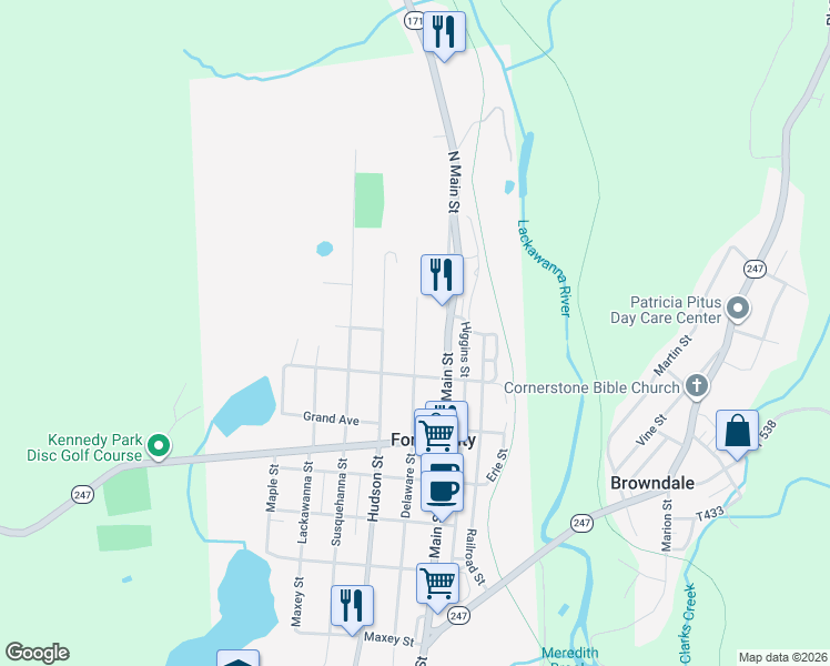 map of restaurants, bars, coffee shops, grocery stores, and more near 911 Delaware Street in Forest City