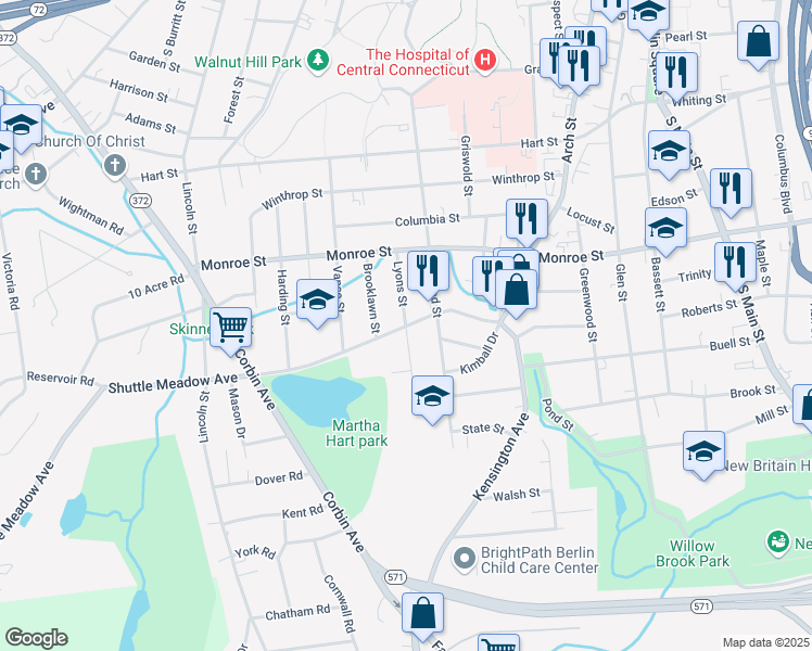 map of restaurants, bars, coffee shops, grocery stores, and more near Shuttle Meadow Avenue & Lyons Street in New Britain