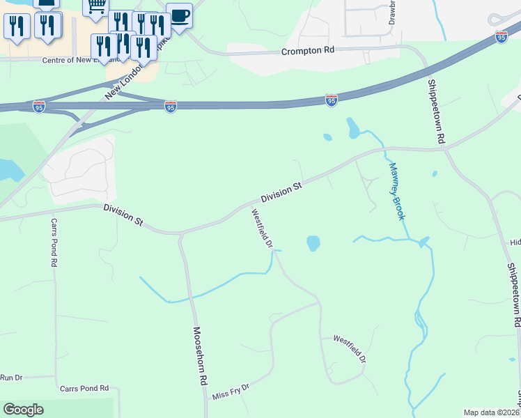 map of restaurants, bars, coffee shops, grocery stores, and more near 2500 Division Road in East Greenwich