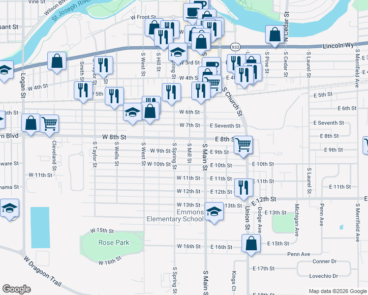 map of restaurants, bars, coffee shops, grocery stores, and more near 209 West 8th Street in Mishawaka
