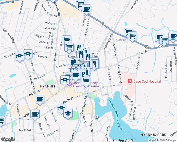 map of restaurants, bars, coffee shops, grocery stores, and more near 110 Center Street in Barnstable
