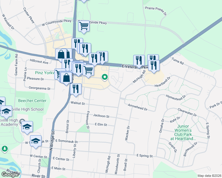 map of restaurants, bars, coffee shops, grocery stores, and more near 1282 Marketplace Drive in Yorkville