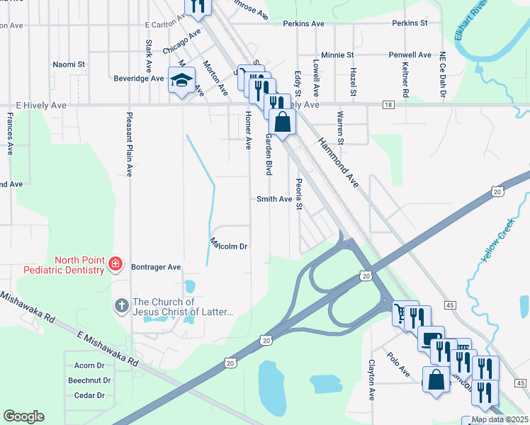 map of restaurants, bars, coffee shops, grocery stores, and more near 3117 Garden Boulevard in Elkhart