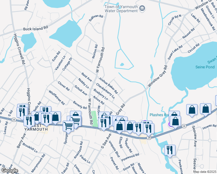 map of restaurants, bars, coffee shops, grocery stores, and more near 40 Arbutus Path in Yarmouth