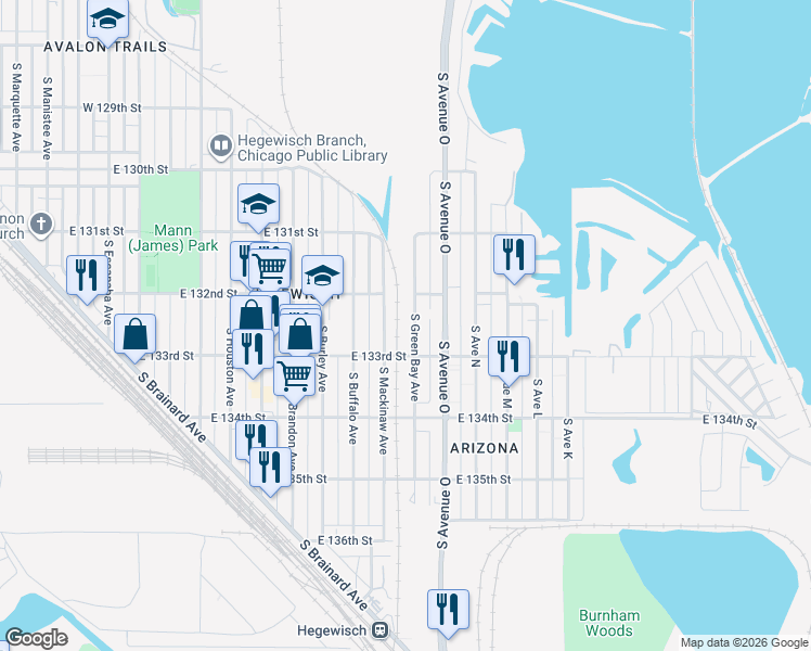 map of restaurants, bars, coffee shops, grocery stores, and more near 13200 South Green Bay Avenue in Chicago