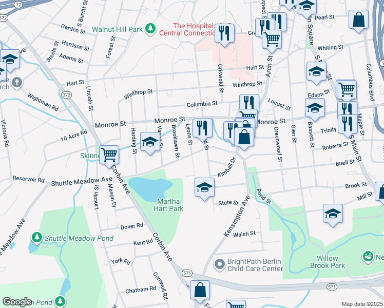 map of restaurants, bars, coffee shops, grocery stores, and more near 81 Lyons Street in New Britain