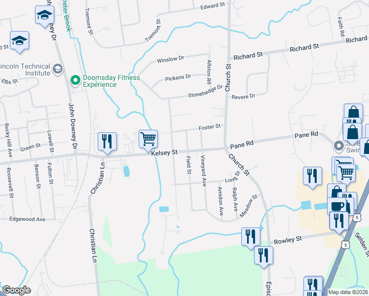 map of restaurants, bars, coffee shops, grocery stores, and more near 64 Kelsey Street in Newington