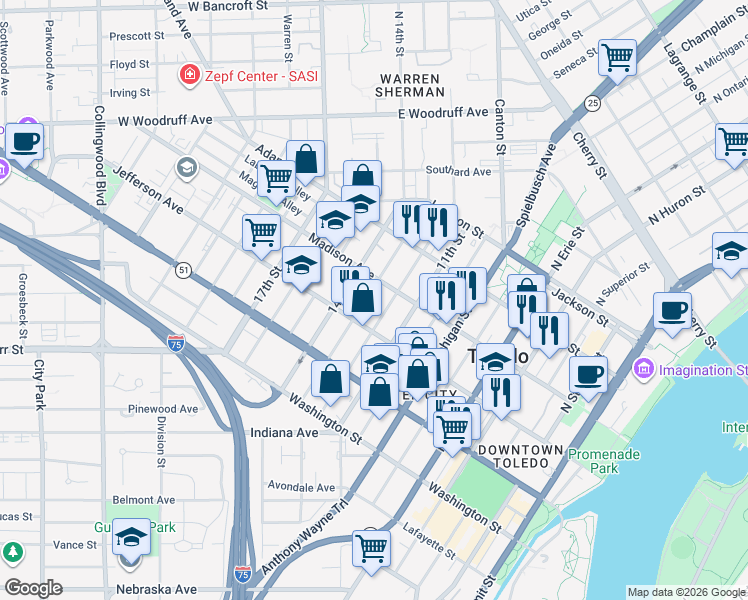 map of restaurants, bars, coffee shops, grocery stores, and more near 1216 Madison Avenue in Toledo