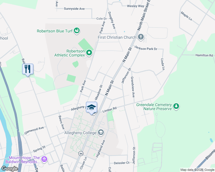 map of restaurants, bars, coffee shops, grocery stores, and more near 257-287 N Main St in Meadville