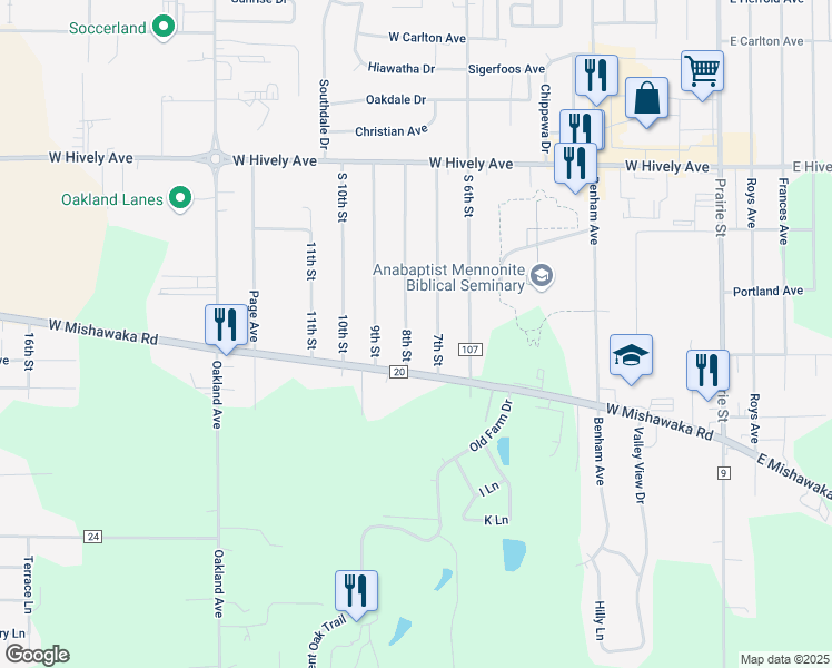 map of restaurants, bars, coffee shops, grocery stores, and more near 57854 8th St in Elkhart