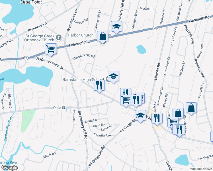 map of restaurants, bars, coffee shops, grocery stores, and more near 744 West Main Street in Barnstable