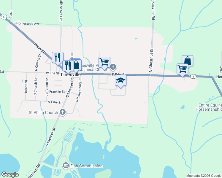 map of restaurants, bars, coffee shops, grocery stores, and more near West School Drive in Linesville
