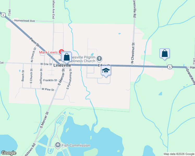 map of restaurants, bars, coffee shops, grocery stores, and more near West School Drive in Linesville