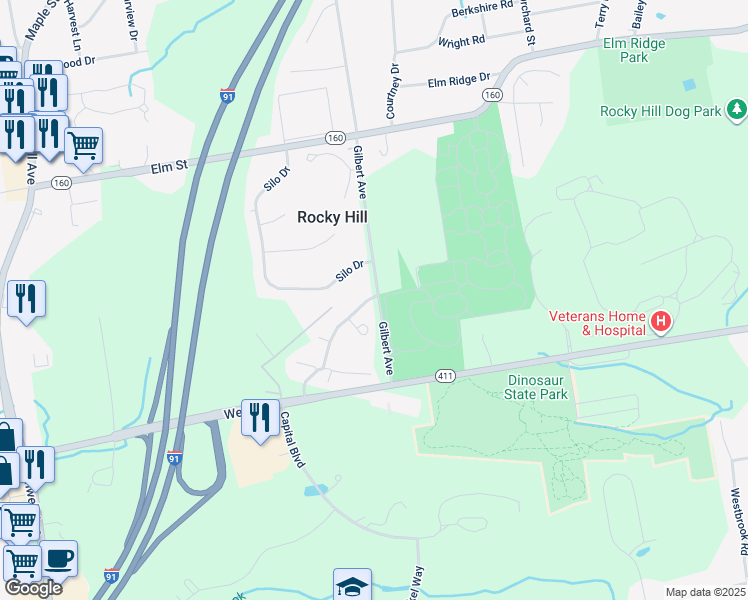 map of restaurants, bars, coffee shops, grocery stores, and more near 19 Butternut Lane in Rocky Hill