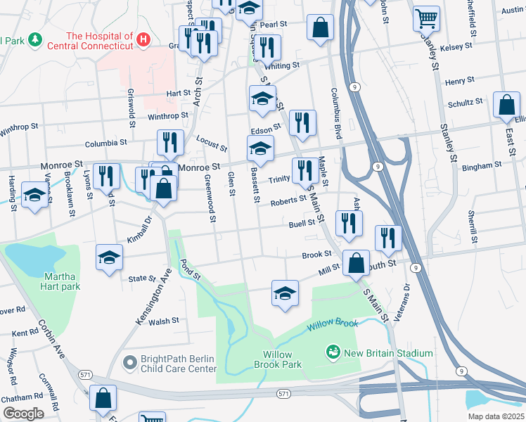 map of restaurants, bars, coffee shops, grocery stores, and more near 217 Bassett Street in New Britain