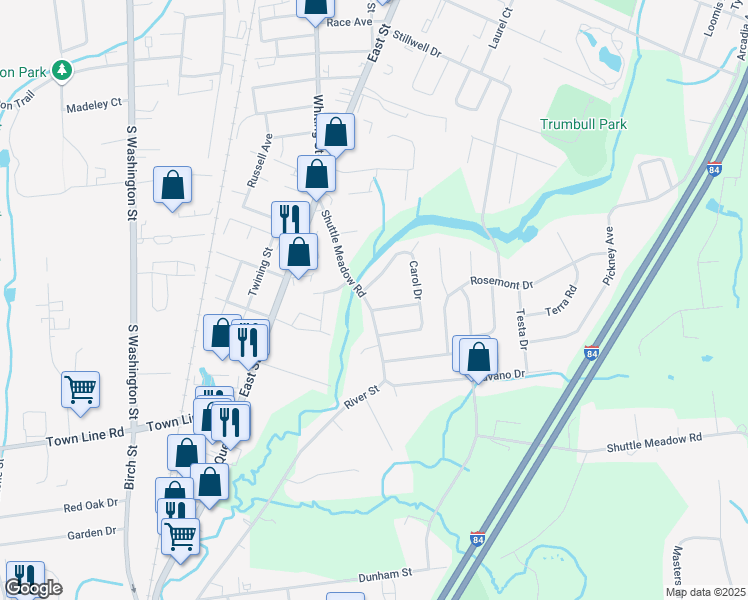 map of restaurants, bars, coffee shops, grocery stores, and more near 19 Carol Drive in Plainville