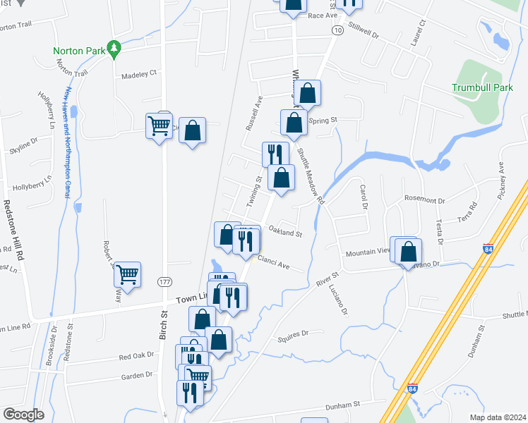 map of restaurants, bars, coffee shops, grocery stores, and more near 363 East Street in Plainville