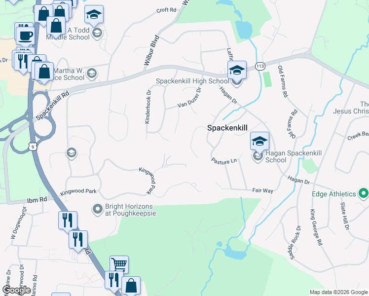 map of restaurants, bars, coffee shops, grocery stores, and more near 16 Manor Way in Poughkeepsie
