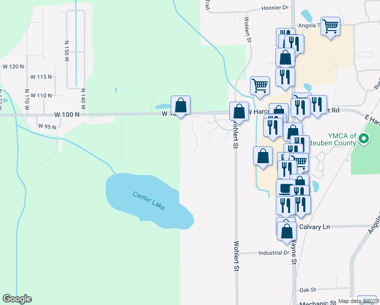map of restaurants, bars, coffee shops, grocery stores, and more near 701 West Harcourt Road in Angola