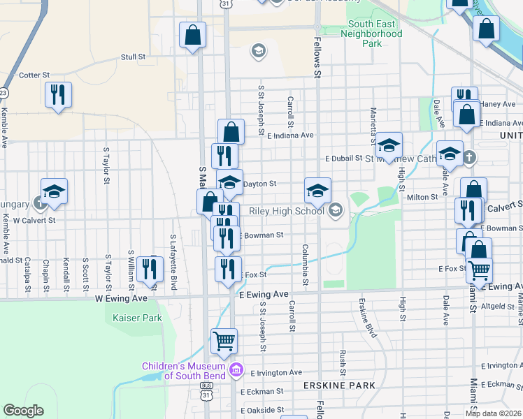 map of restaurants, bars, coffee shops, grocery stores, and more near in South Bend