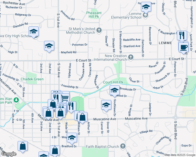 map of restaurants, bars, coffee shops, grocery stores, and more near 510 Meadow Street in Iowa City