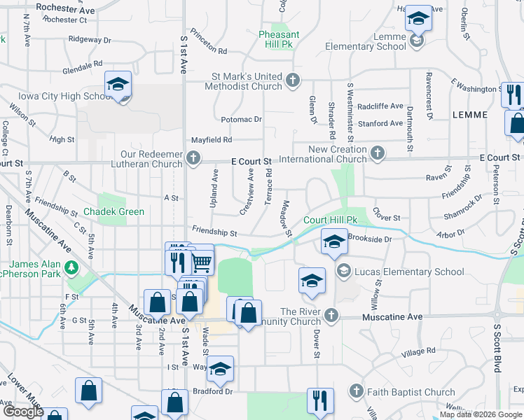 map of restaurants, bars, coffee shops, grocery stores, and more near 509 Terrace Rd in Iowa City
