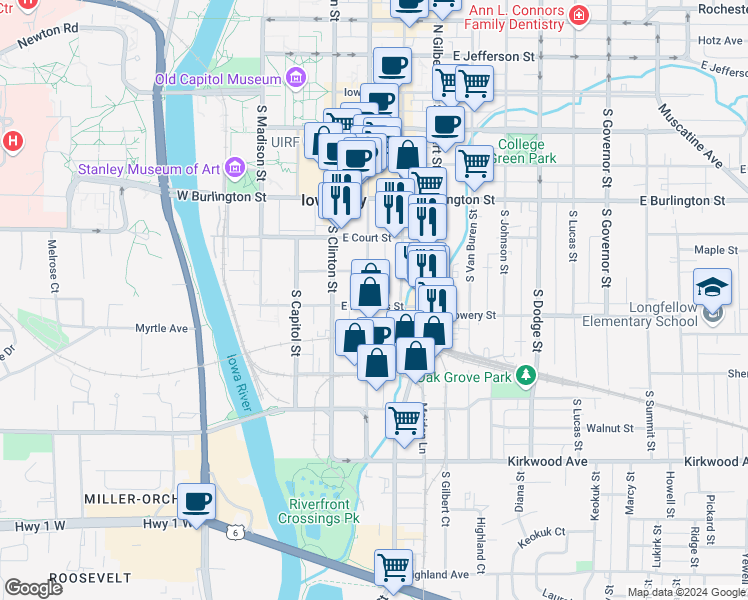 map of restaurants, bars, coffee shops, grocery stores, and more near 512 South Dubuque Street in Iowa City