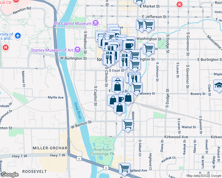 map of restaurants, bars, coffee shops, grocery stores, and more near 510 South Clinton Street in Iowa City