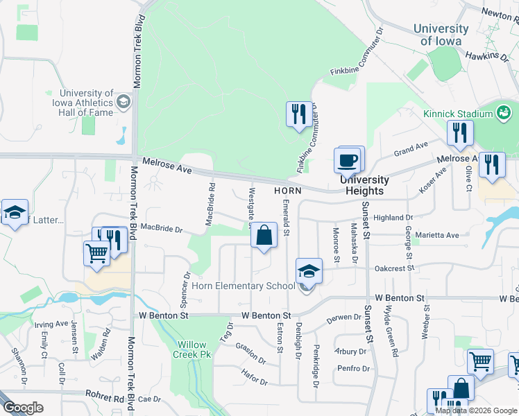 map of restaurants, bars, coffee shops, grocery stores, and more near 374 Westgate Street in Iowa City