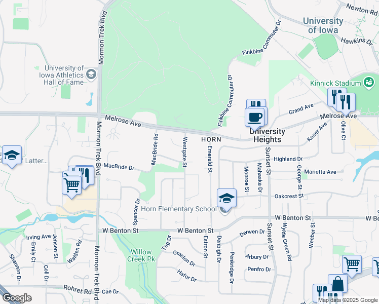map of restaurants, bars, coffee shops, grocery stores, and more near 374 Westgate Street in Iowa City