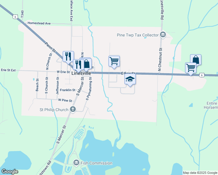 map of restaurants, bars, coffee shops, grocery stores, and more near 220 West School Drive in Linesville