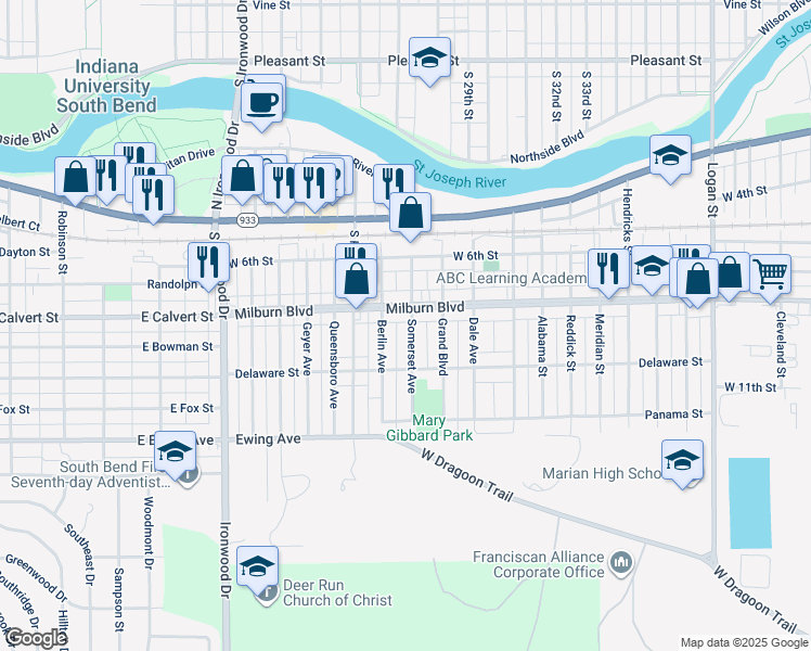 map of restaurants, bars, coffee shops, grocery stores, and more near 711 Somerset Avenue in Mishawaka