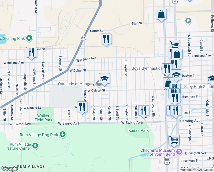 map of restaurants, bars, coffee shops, grocery stores, and more near 1807 Kendall Street in South Bend