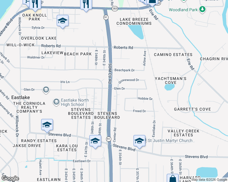 map of restaurants, bars, coffee shops, grocery stores, and more near 35327 Glen Drive in Eastlake