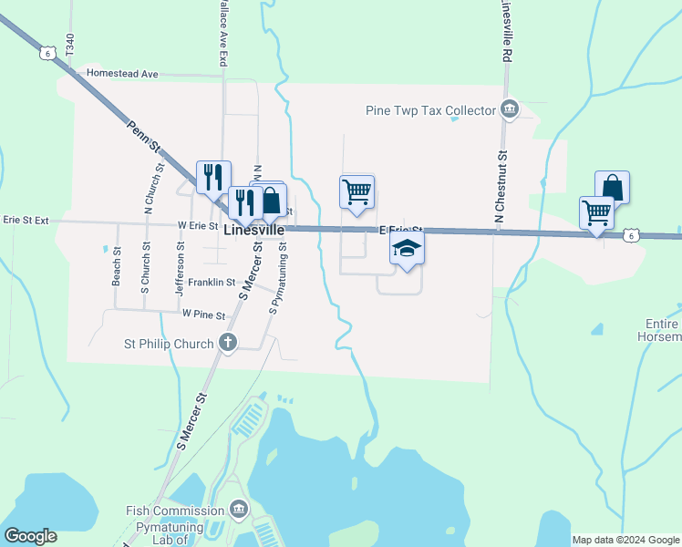 map of restaurants, bars, coffee shops, grocery stores, and more near 220 West School Drive in Linesville