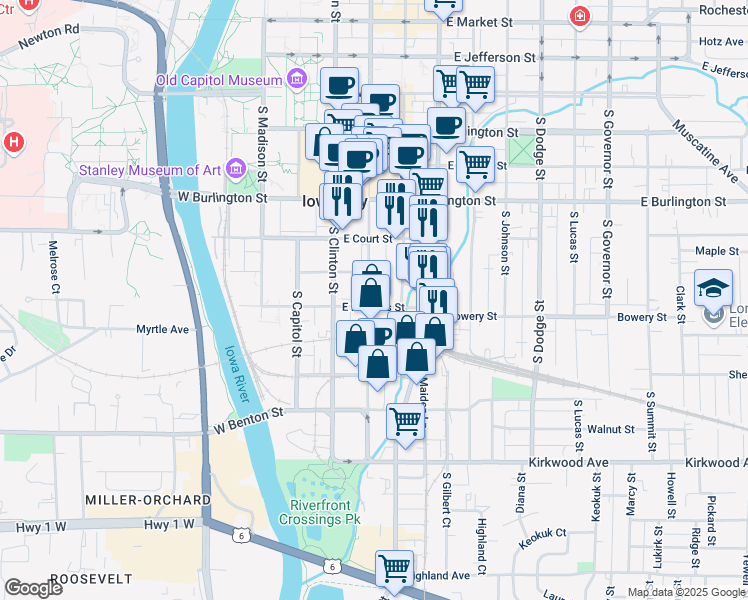 map of restaurants, bars, coffee shops, grocery stores, and more near 532 South Dubuque Street in Iowa City