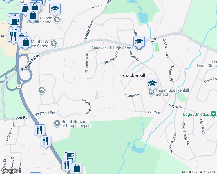 map of restaurants, bars, coffee shops, grocery stores, and more near 16 Manor Way in Poughkeepsie