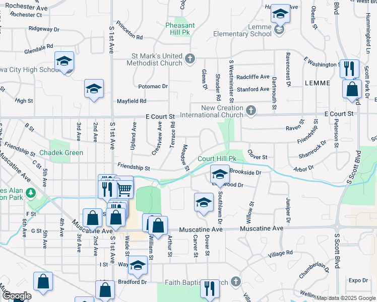 map of restaurants, bars, coffee shops, grocery stores, and more near 510 Meadow Street in Iowa City