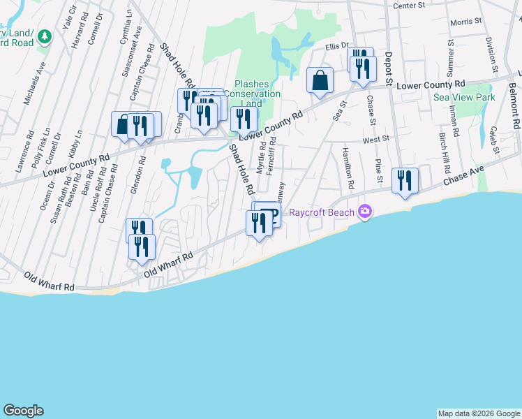 map of restaurants, bars, coffee shops, grocery stores, and more near 268 Shad Hole Road in Dennis