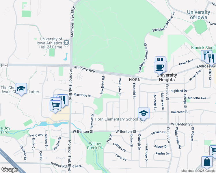 map of restaurants, bars, coffee shops, grocery stores, and more near 336 Macbride Road in Iowa City