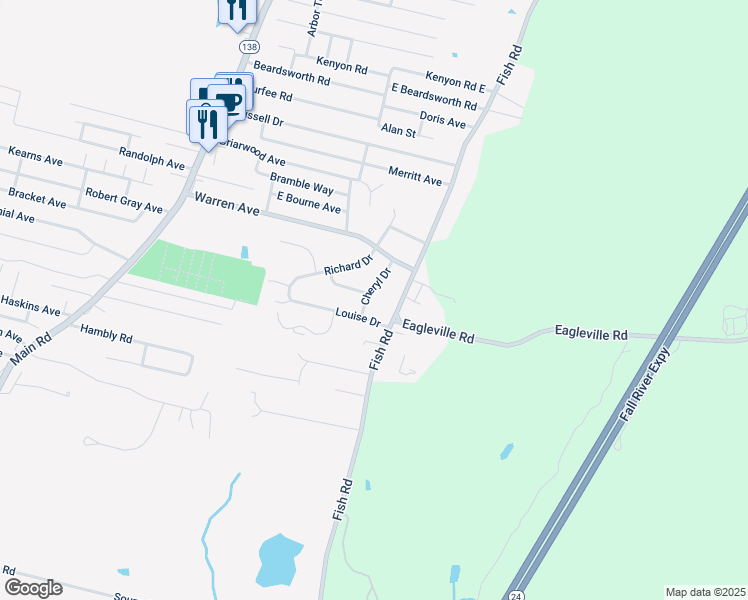 map of restaurants, bars, coffee shops, grocery stores, and more near 30 Cheryl Drive in Tiverton