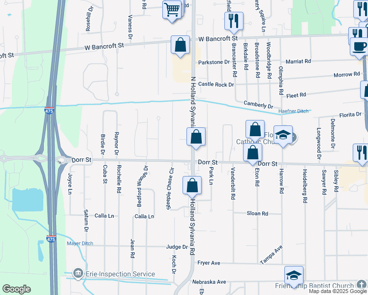 map of restaurants, bars, coffee shops, grocery stores, and more near 1702 Acorn Drive in Toledo