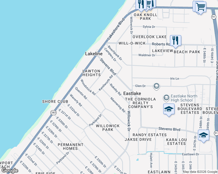 map of restaurants, bars, coffee shops, grocery stores, and more near 33661 Kenilworth Road in Eastlake