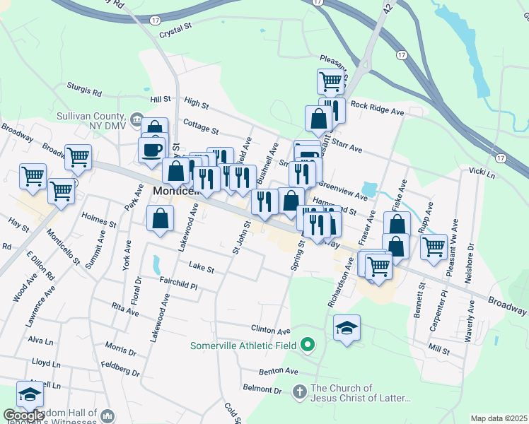 map of restaurants, bars, coffee shops, grocery stores, and more near 408 Broadway in Monticello