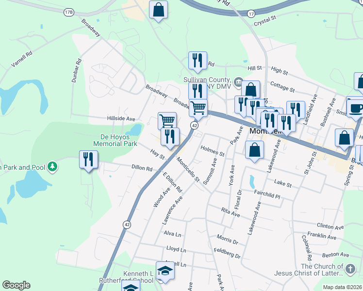map of restaurants, bars, coffee shops, grocery stores, and more near 34 Forestburgh Road in Monticello