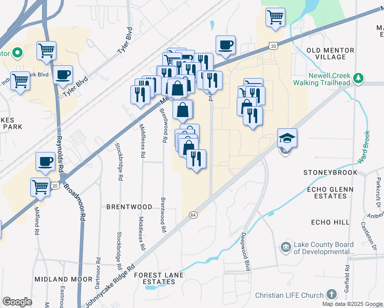 map of restaurants, bars, coffee shops, grocery stores, and more near 7960 Plaza Boulevard in Mentor